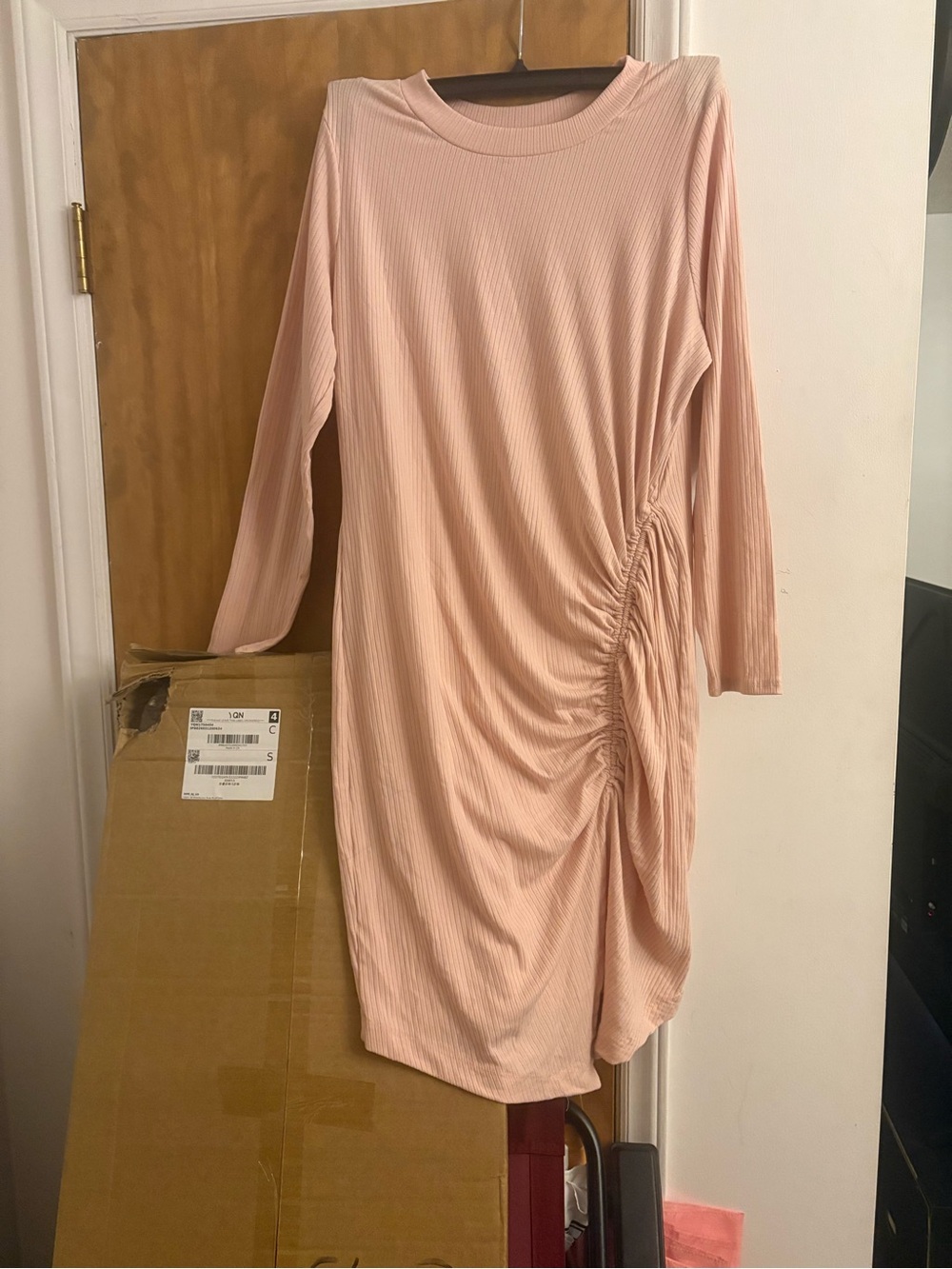 Ruched Long-Sleeve Pink Midi Dress